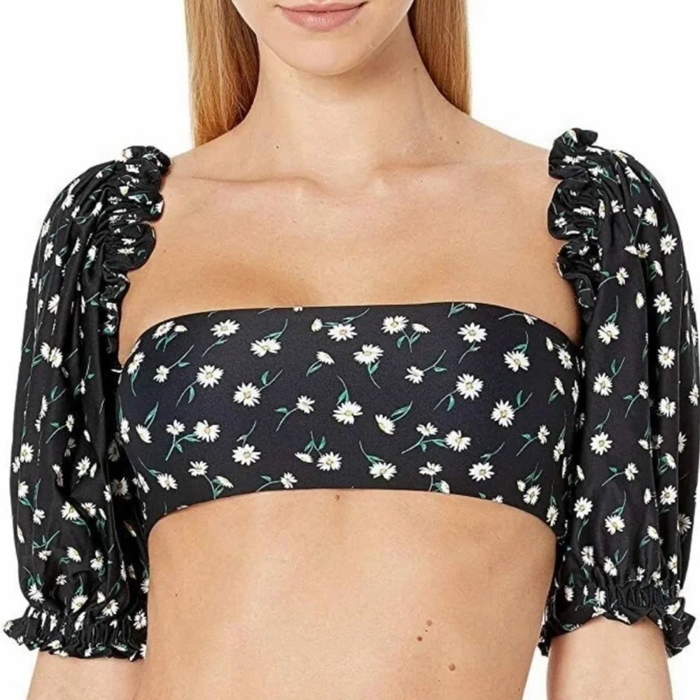 Onia x WeWoreWhat Daisy Floral Bikini Top Size L NWT Puff Sleeve Black Swim